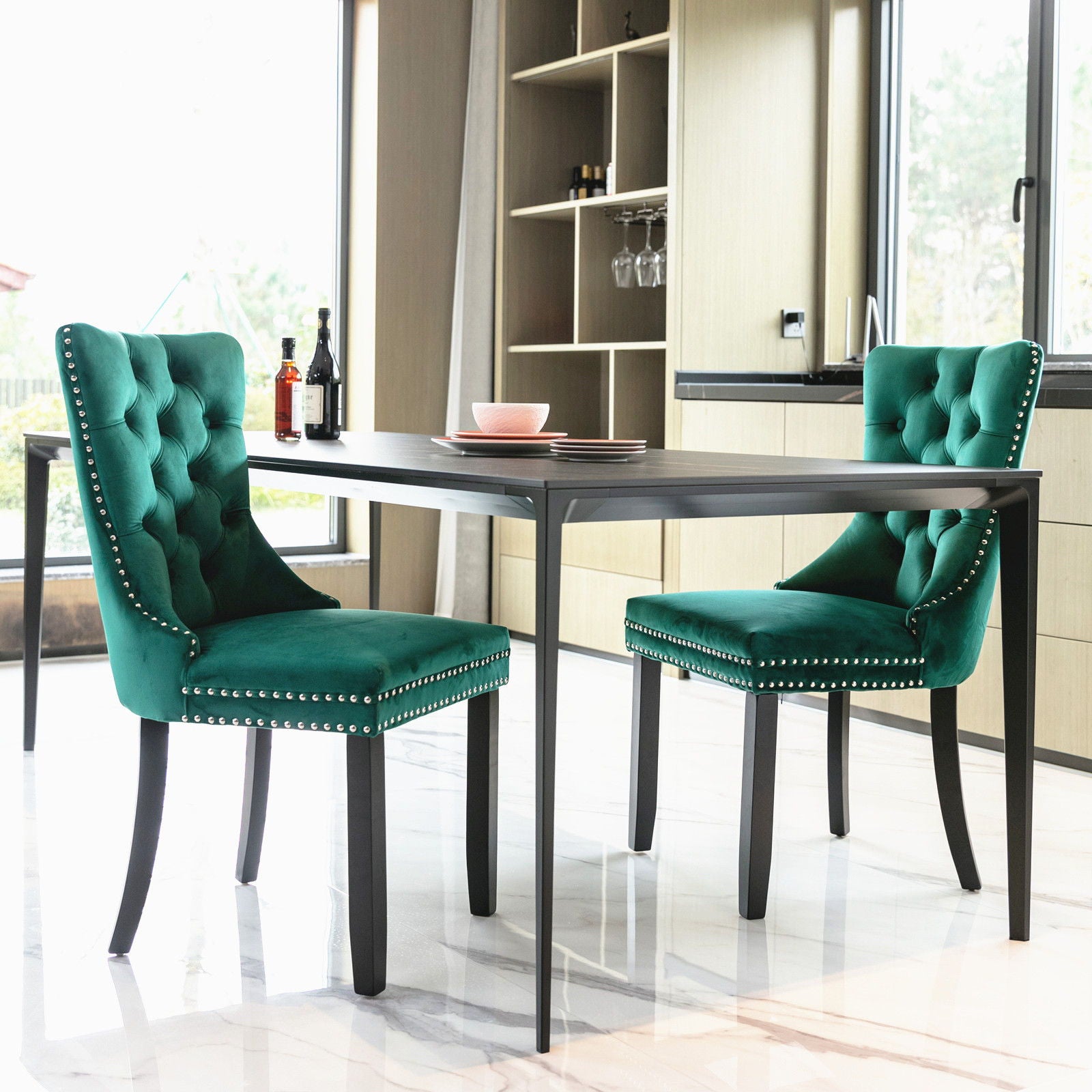 Nikki - Modern, High-End Tufted Solid Wood Contemporary Velvet Upholstered Dining Chair With Wood Legs Nailhead Trim (Set of 2) - Green