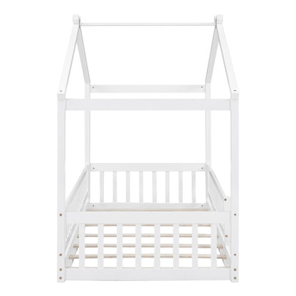 Twin Size Bed House Bed Frame & Fence - White