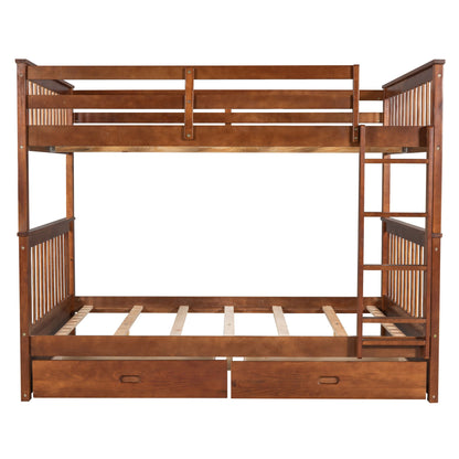 Full Over Full Bunk Bed With Ladders And 2 Storage Drawers - Walnut