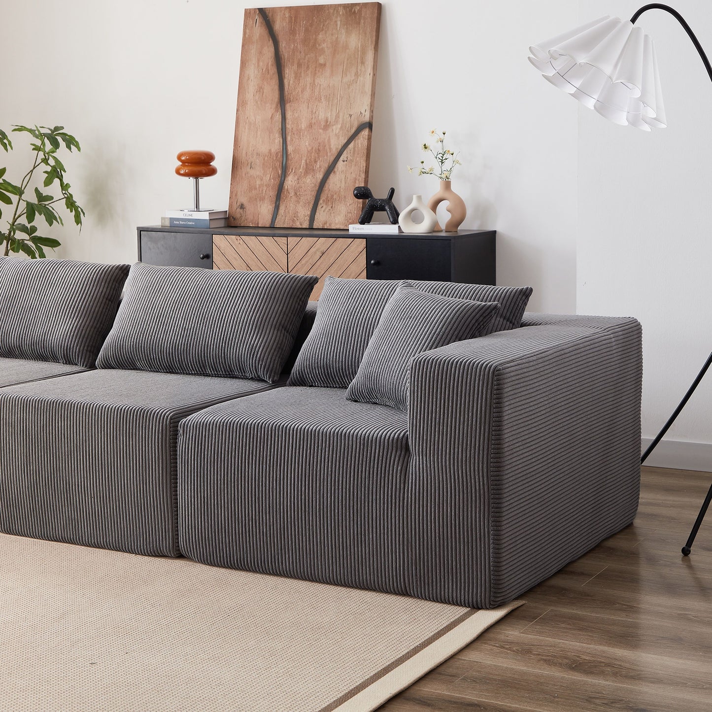 Corduroy Modular L Shaped Sectional Sofa, Luxury Floor Couch Set, 4 Piece Free Combination - Gray
