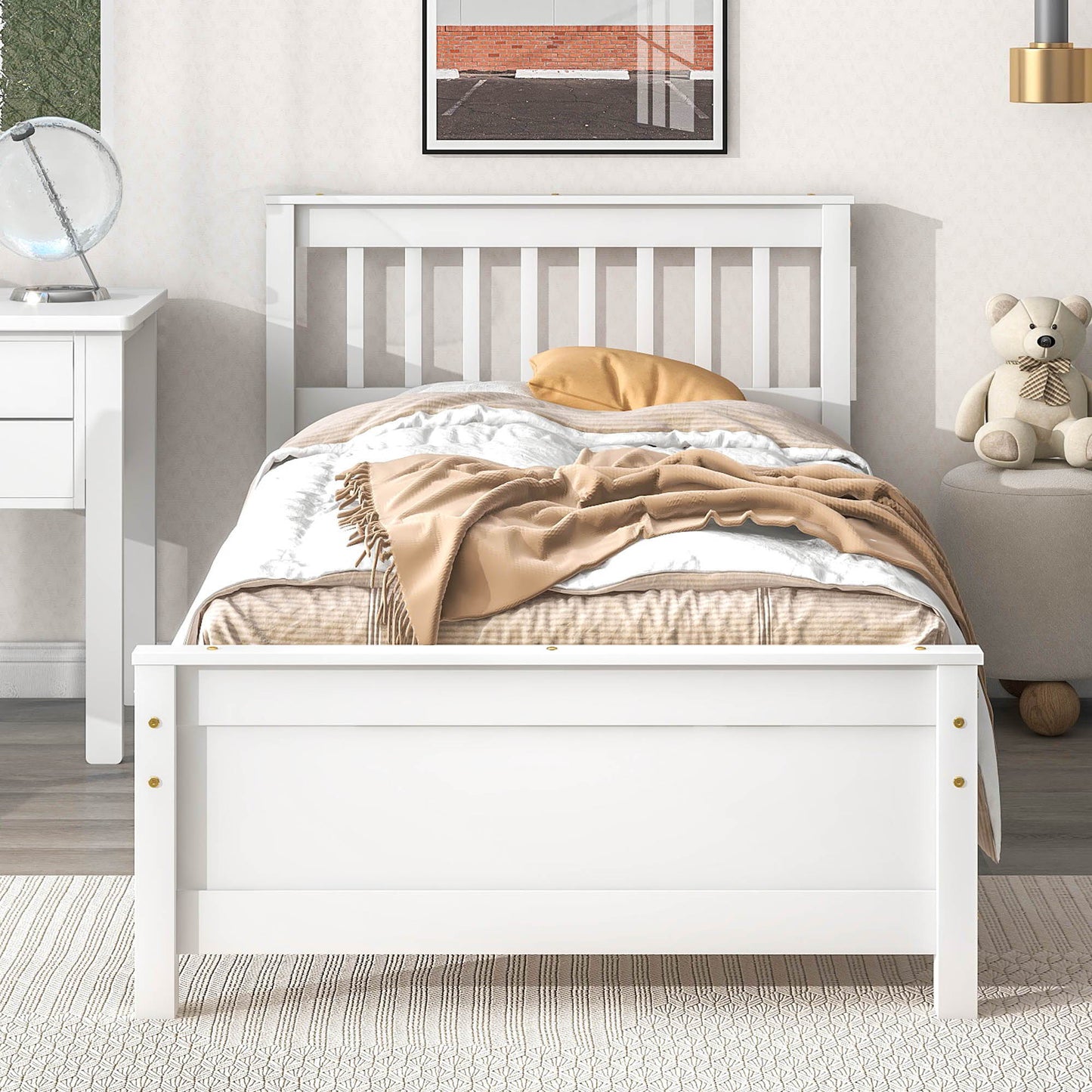 Twin Bed With Headboard And Footboard For Kids, Teens, Adults, With A Nightstand - White