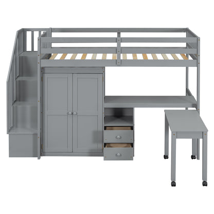 Twin Size Loft Bed With Stairs, Bookshelf, Drawers, Desk & Wardrobe, Space Saving Multifunctional Furniture - Gray