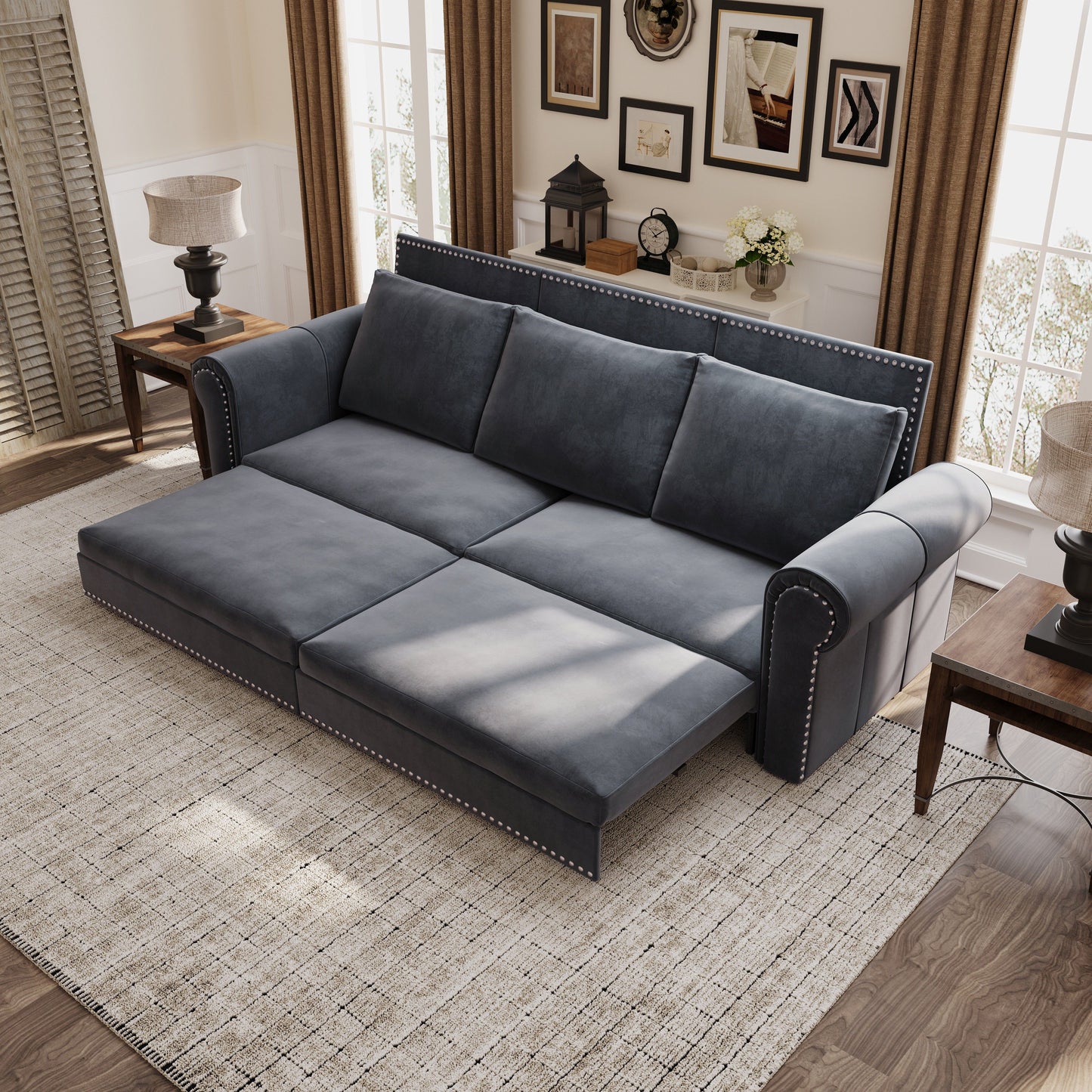 King Pull Out Sofa Bed, Chesterfield Sofa, 3 In 1 Velvet Convertible Sleeper Sofa With Nailhead Trim & Rolled Arm Multifunctional Sofa Bed For Living Room - Gray