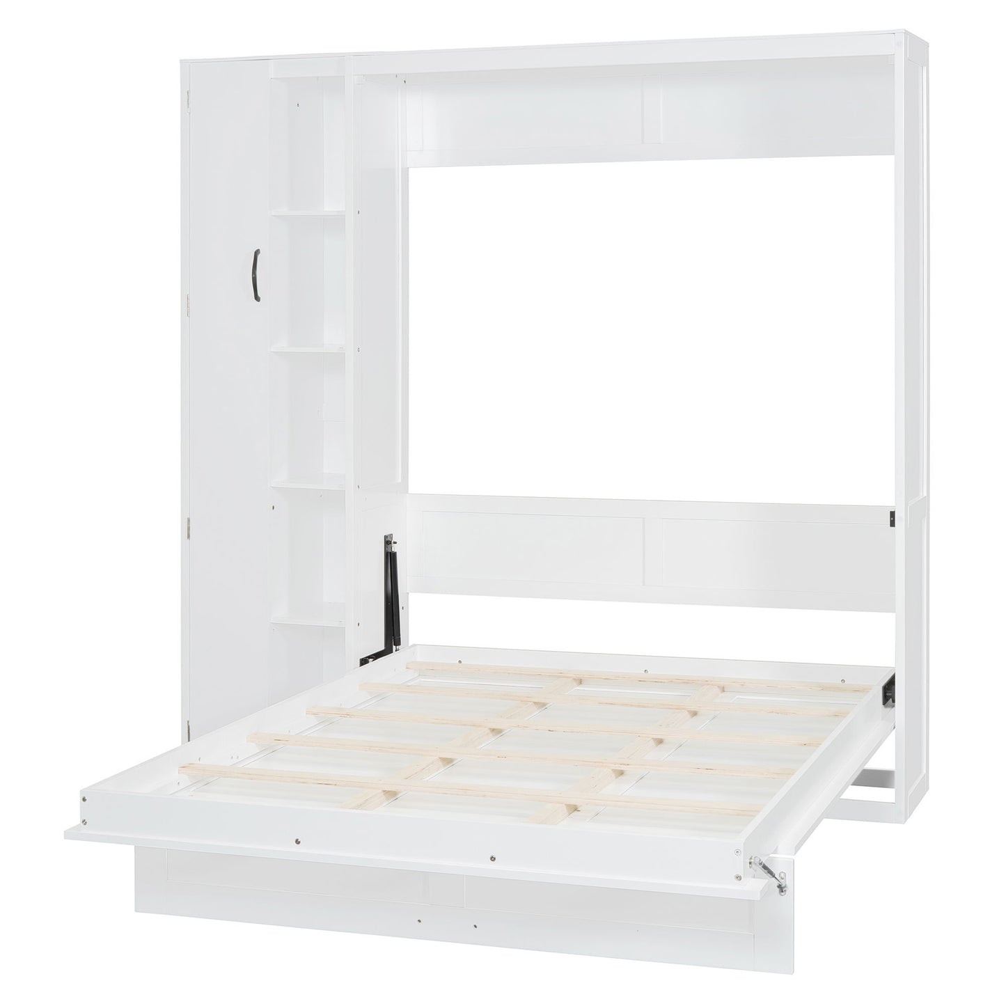 Full Size Murphy Wall Bed With Shelves, Wardrobe And LED Lights - White
