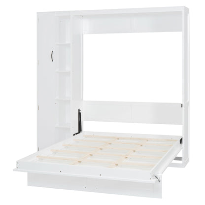 Full Size Murphy Wall Bed With Shelves, Wardrobe And LED Lights - White