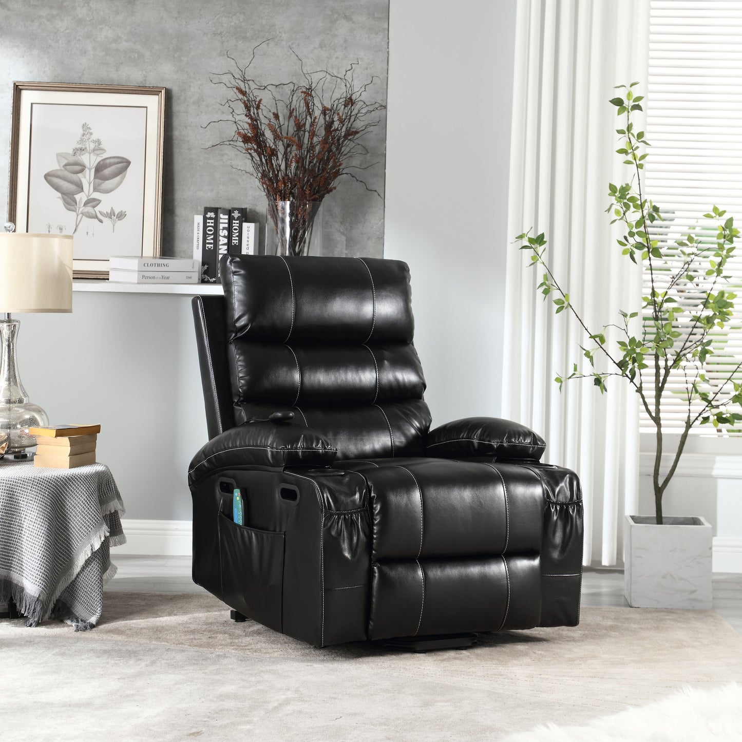 Large Size Electric Power Lift Recliner Chair Sofa, 8 Point Vibration Massage And Lumber Heat, Remote Control, Side Pockets And Cup Holders - Black