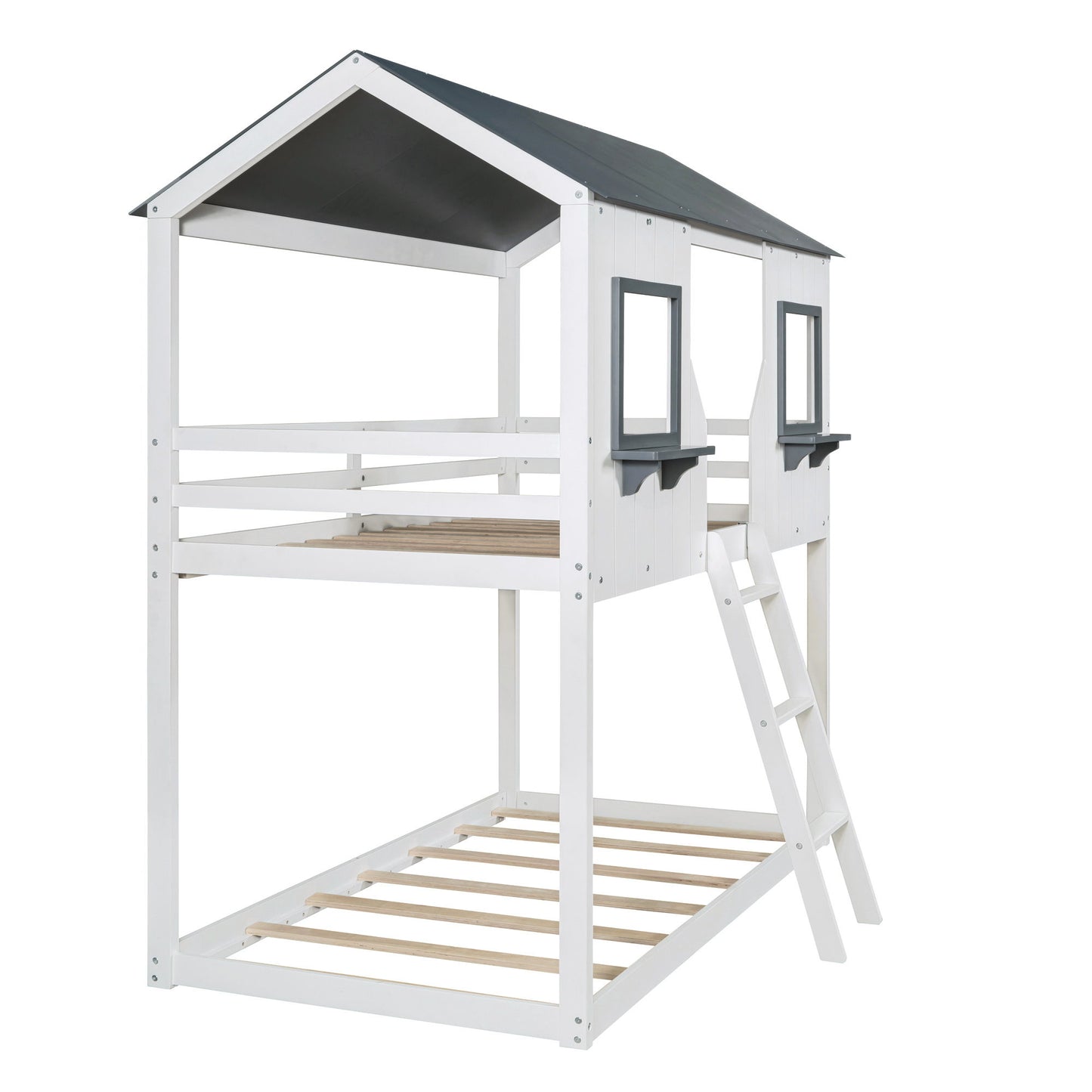 Twin Over Twin Bunk Bed Bed With Roof, Window, Guardrail, Ladder - White