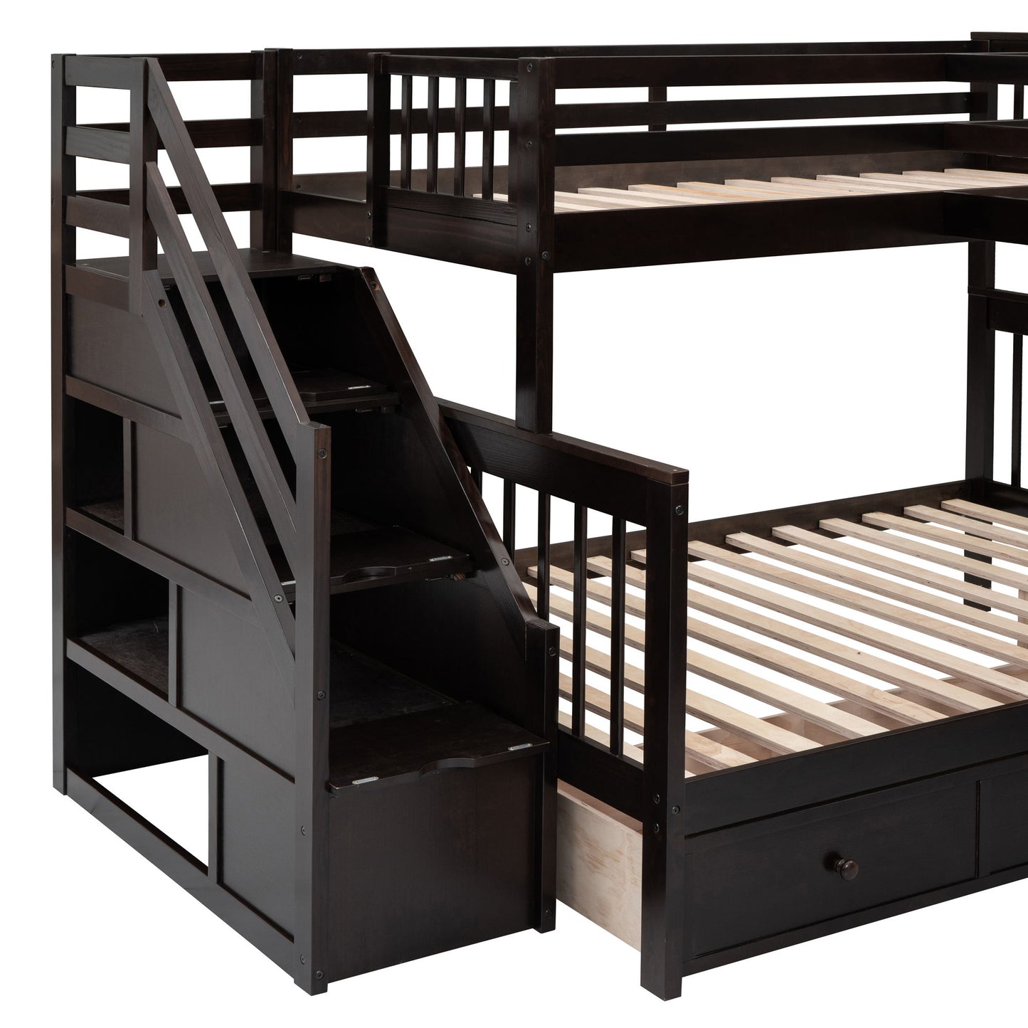 Twin Twin Over Full L Shaped Bunk Bed With 3 Drawers, Portable Desk And Wardrobe - Espresso