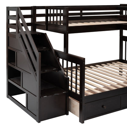 Twin Twin Over Full L Shaped Bunk Bed With 3 Drawers, Portable Desk And Wardrobe - Espresso