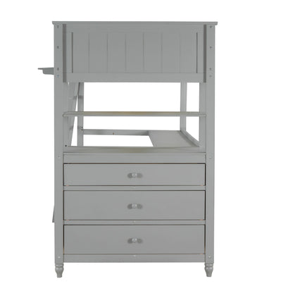 Twin Size Loft Bed With Drawers And Desk, With Shelves - Gray