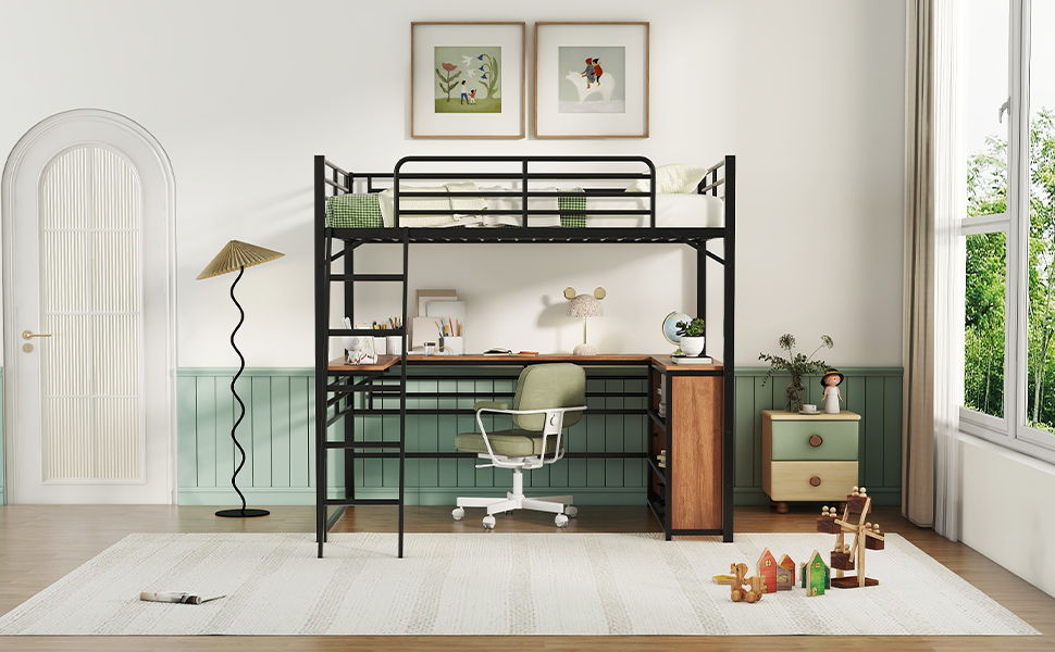 Full Size Loft Bed With 3 Layers Of Shelves And L-Shaped Desk - Black