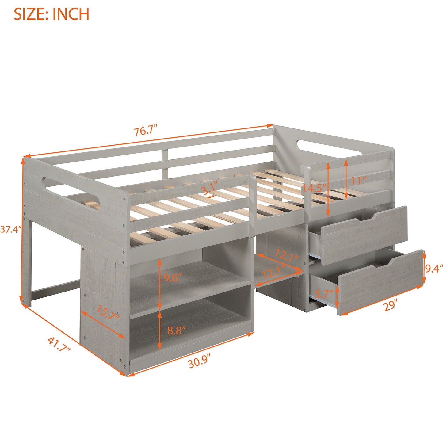 Twin Size Loft Bed With Two Shelves And Two Drawers - Antique Gray