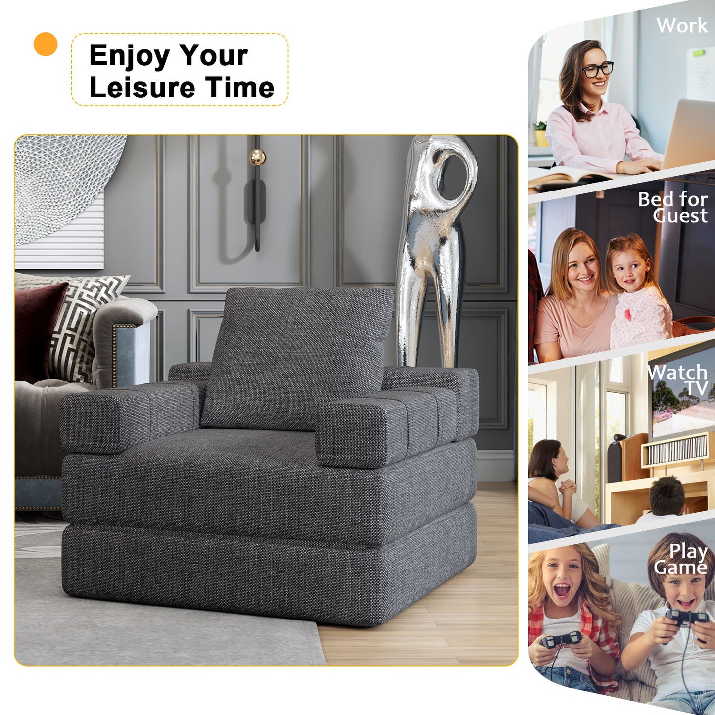 Single Sofa Chair That Converts To A Single Sofa Bed For Living Room, Guest Room, Playroom - Dark Gray