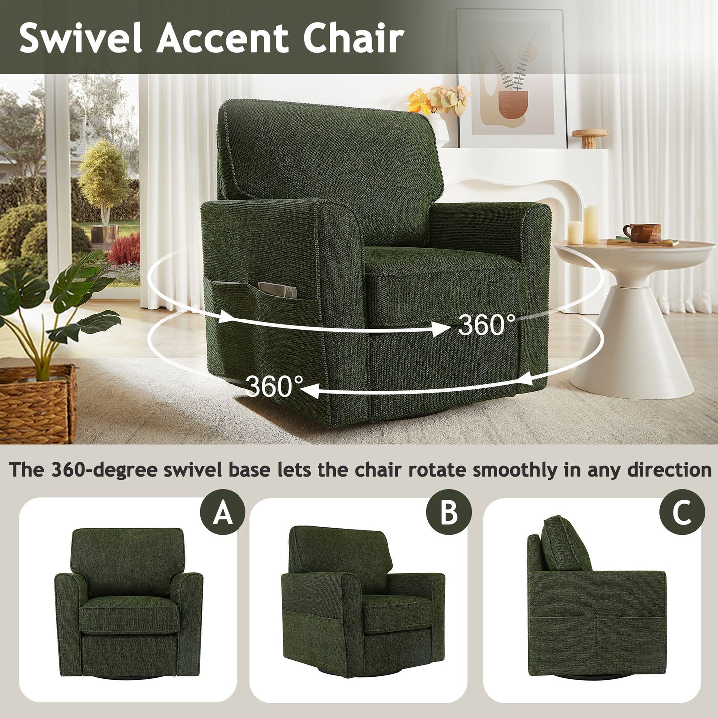 360ÔøΩÔøΩ Swivel Chair Accent Barrel Armchair With Side Pockets, Chenille Upholstery, Compact Size - Green