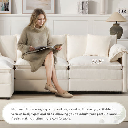 Modular Sectional With Deep And Wide Seat, L Shaped Cloud Couch Set With Double Cushions 4 Seat Sofa With Movable Ottoman Oversized - Cream