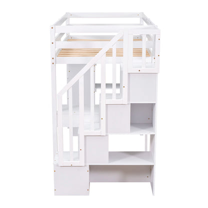 Twin Size Loft Bed With Storage Drawers, Desk And Stairs With Shelves - White