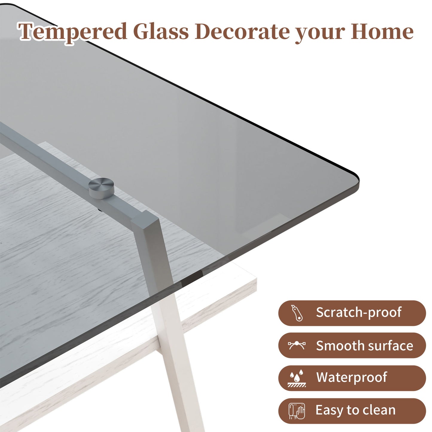 Rectangle Coffee Table, Tempered Glass Tabletop With White Metal Legs, Modern Table For Living Room - Gray