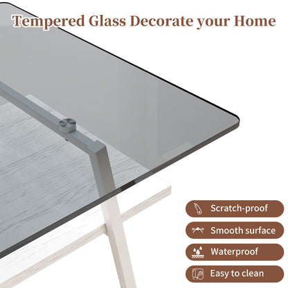 Rectangle Coffee Table, Tempered Glass Tabletop With White Metal Legs, Modern Table For Living Room - Gray