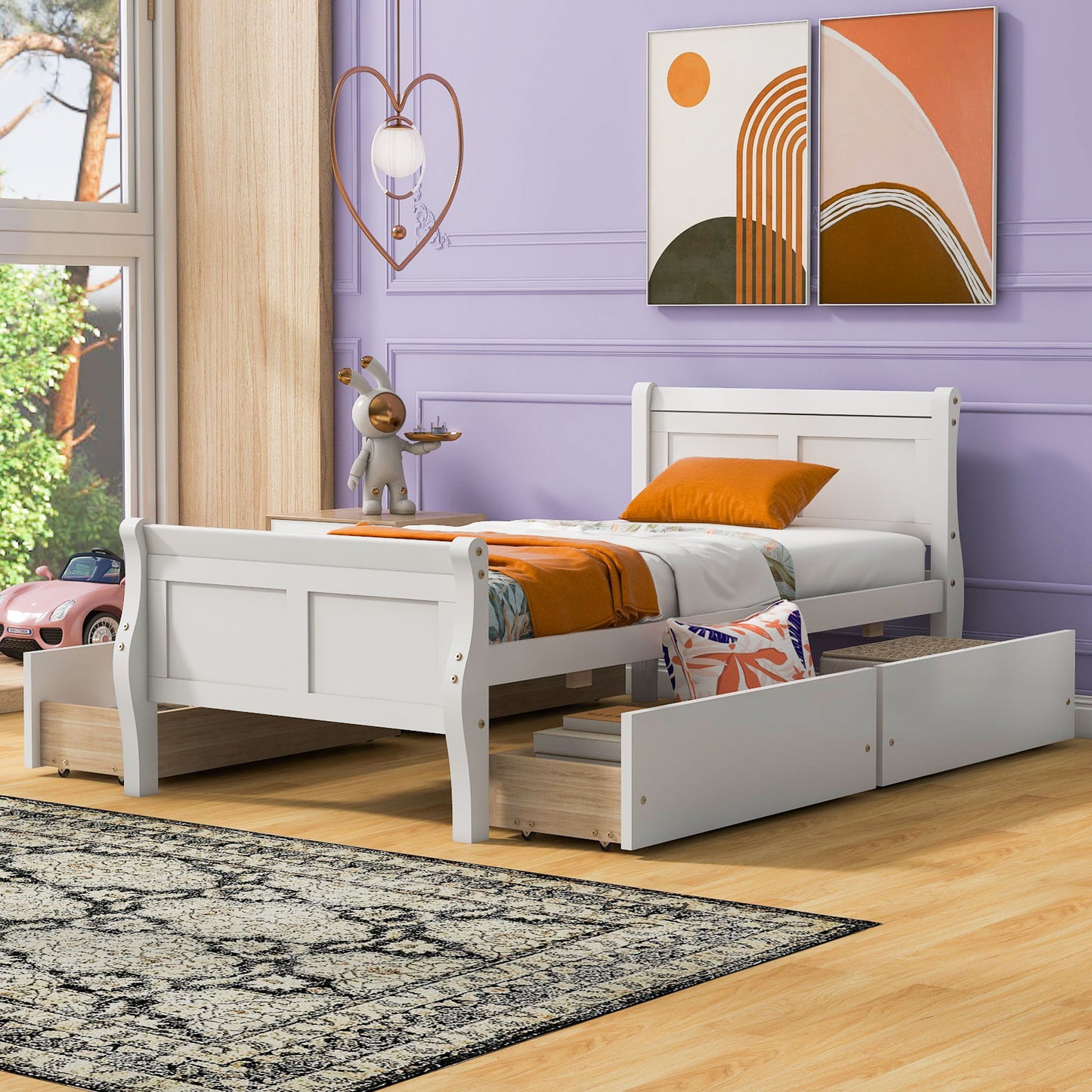 Twin Size Platform Bed With 4 Drawers And Streamlined Headboard & Footboard - White