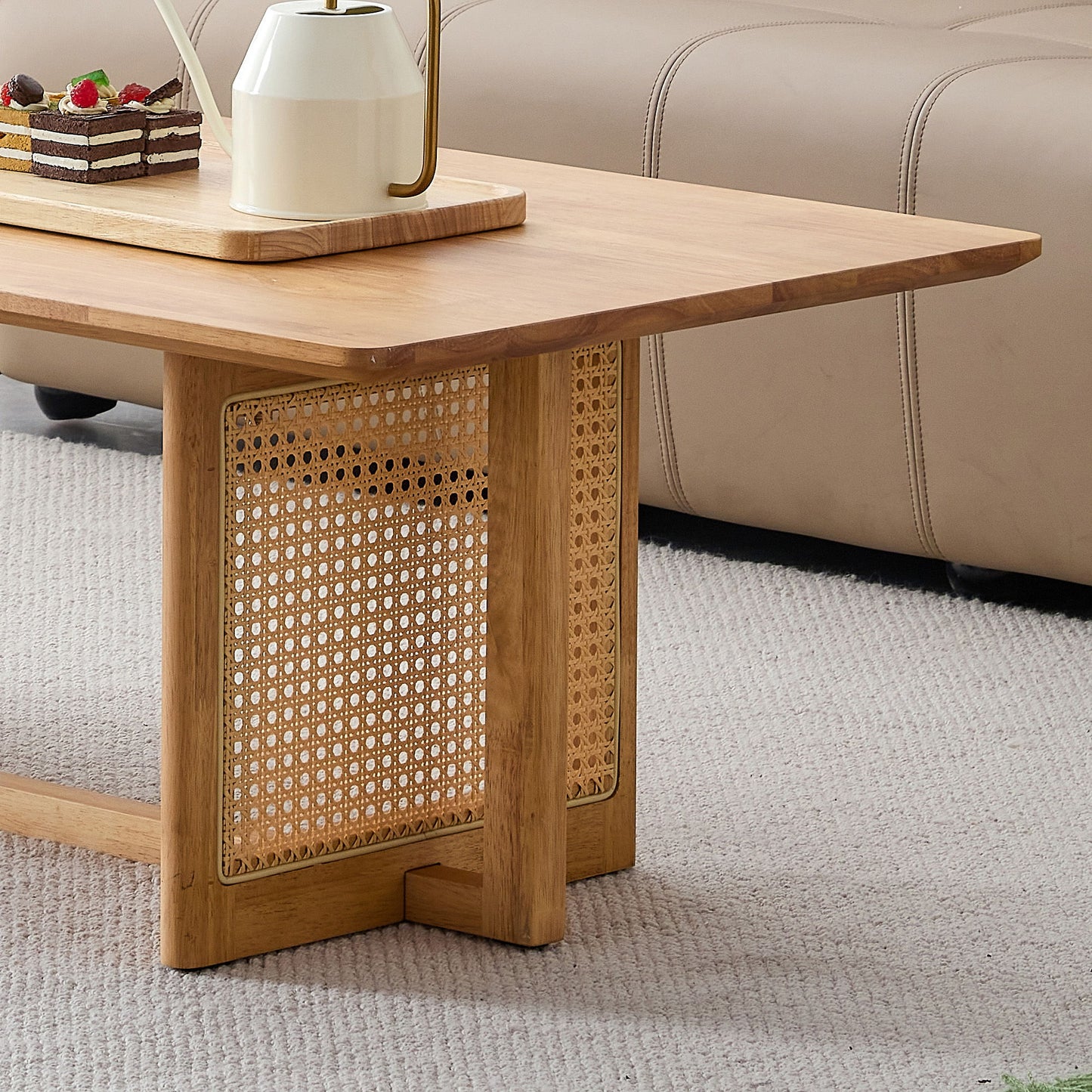 Rubber Wood And Solid Wood Coffee Table Modern Minimalist Rattan Weaving Design, Living Room Balcony, Multifunctional Small Sized Furniture - Natural