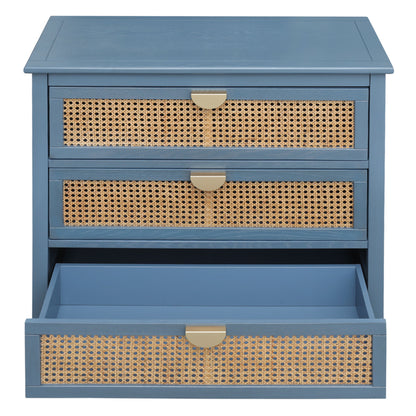 3 Drawer Cabinet Natural Rattan Suitable For Bedroom - Blue