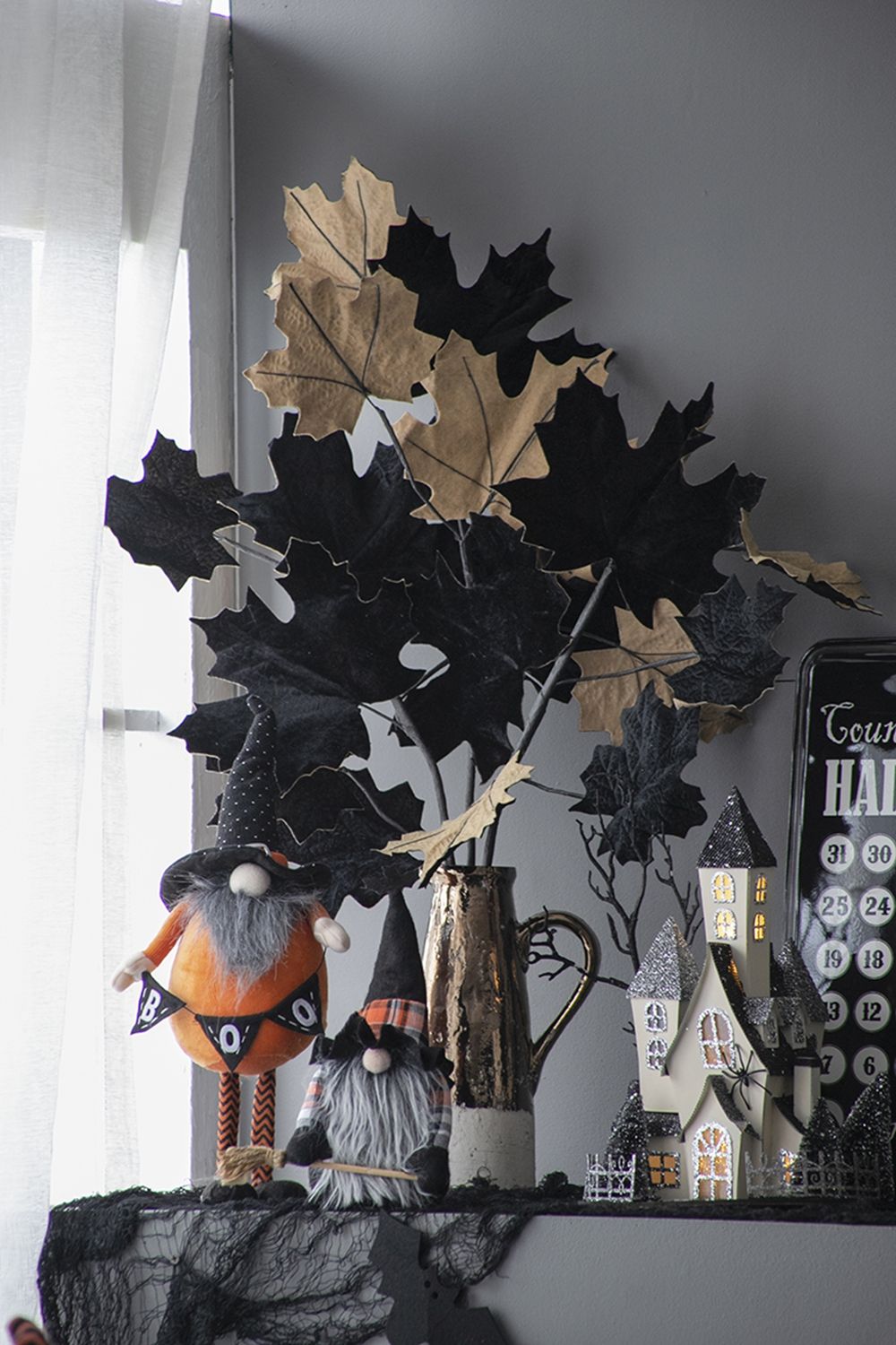Standing Gnome With Gnome & Holding Banner, For Halloween Decor (Set of 2) - Black / Orange / White