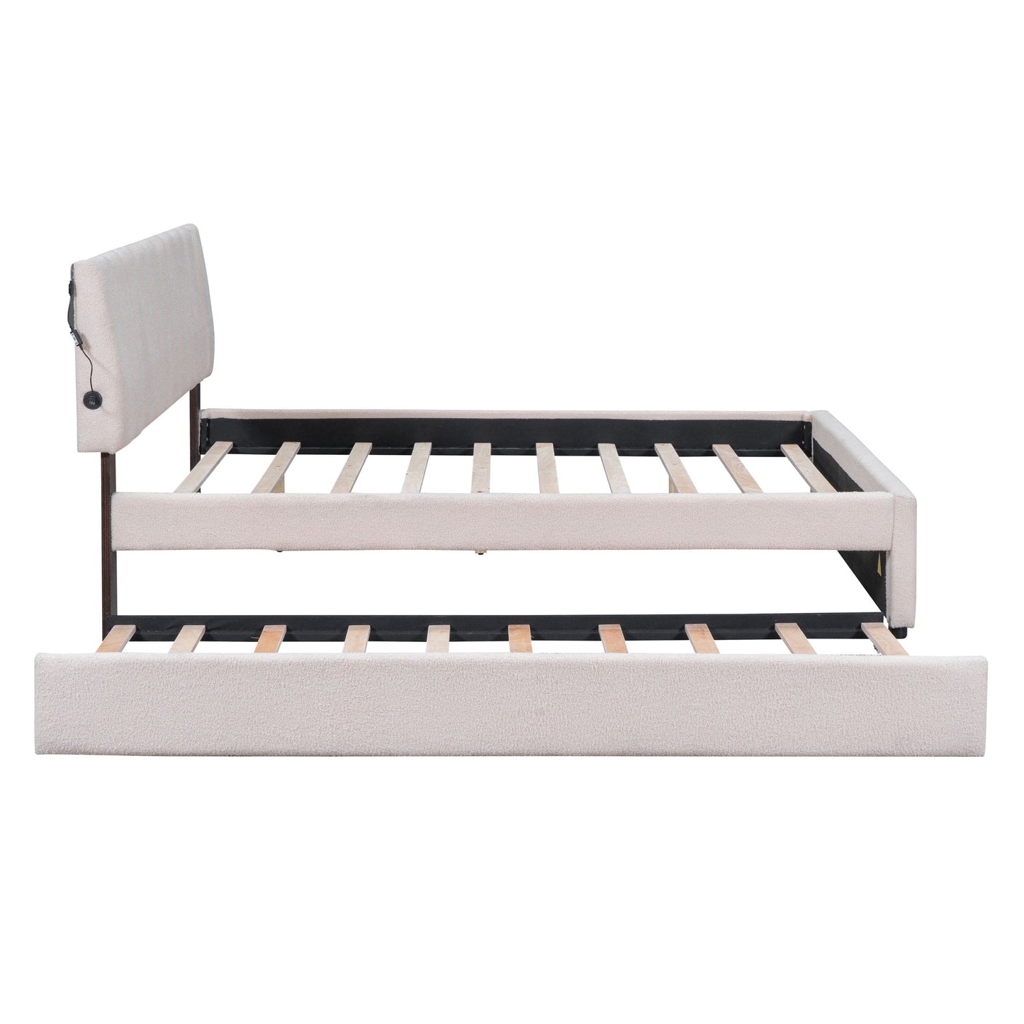 Queen Size Upholstered Platform Bed With Twin Long Trundle - Beige