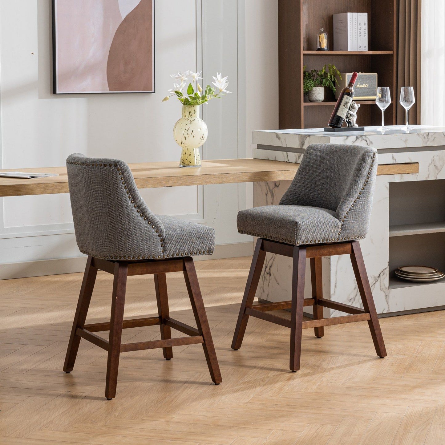 Counter Height Swivel Barstools, 26'' H Seat Height Upholstered Bar Stools (Set of 2), Fabric - Gray