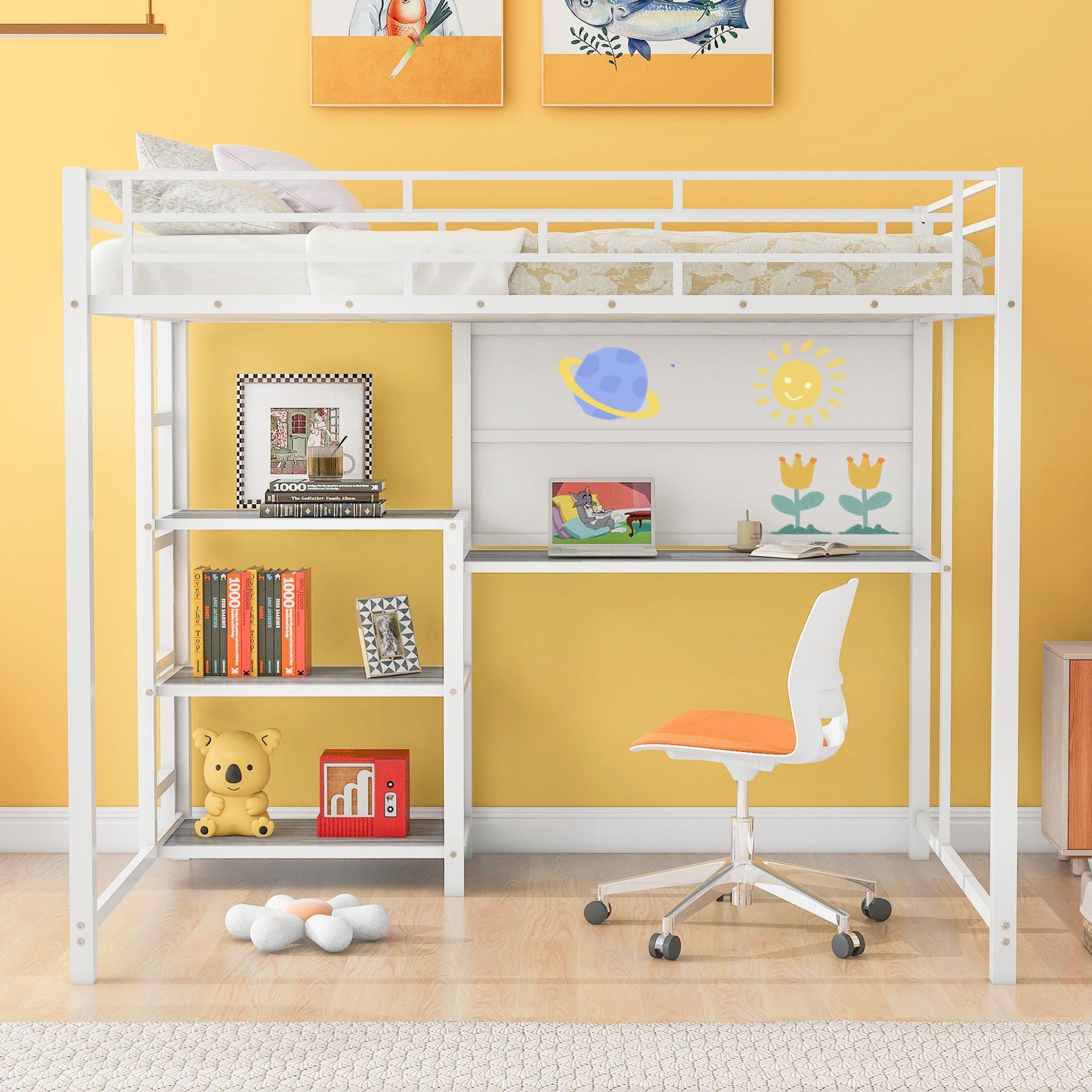 Full Size Loft Bed With Desk And Whiteboard, Loft Bed With 3 Shelves And Ladder - White