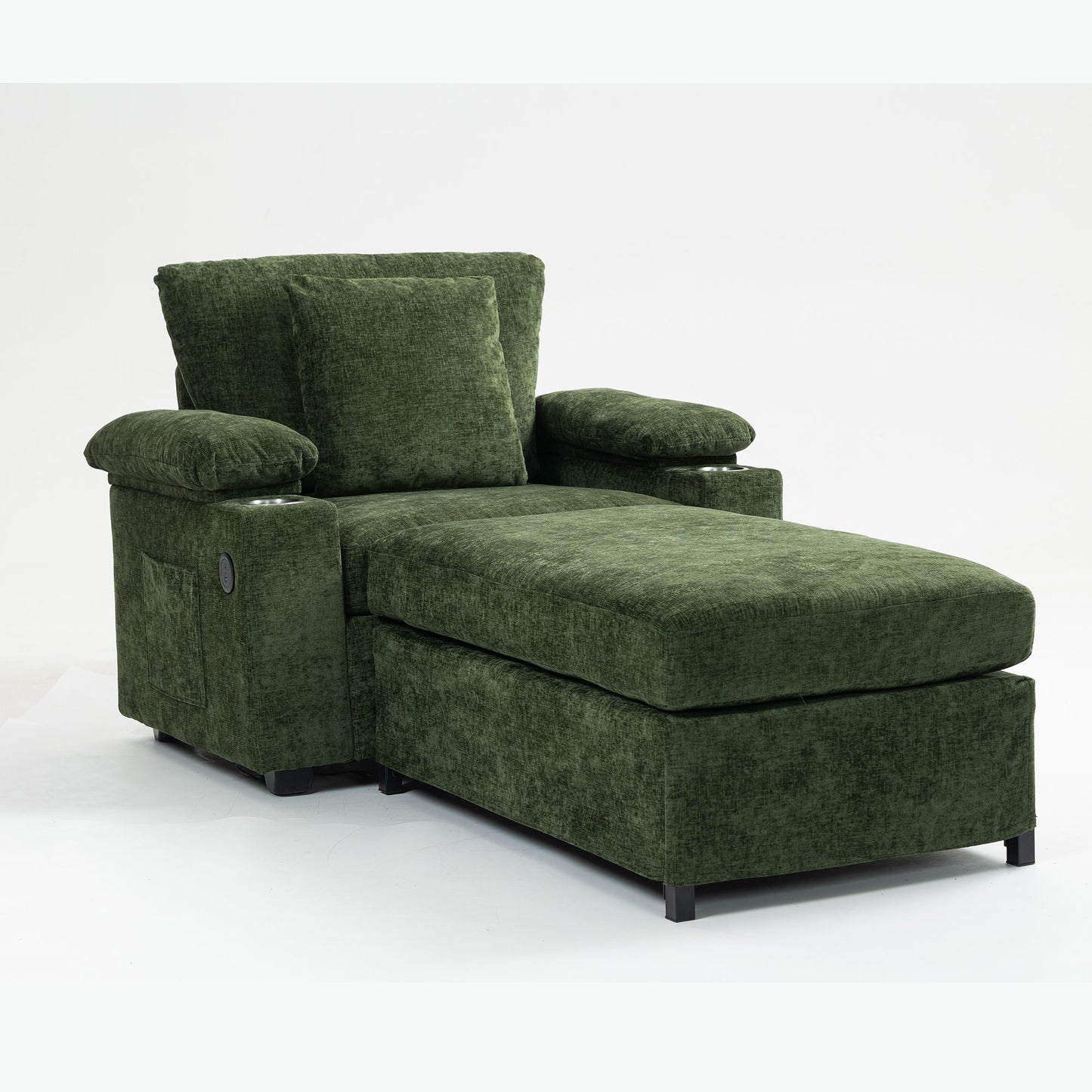 Modern Oversized Chair With Ottoman, Chenille Fabric Sofa Bed, Accent Chair Comfy Sofa With Cupholders And USB Charging Ports Chair For Living Room, Bedroom, Apartment - Green