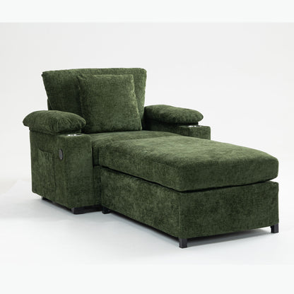Modern Oversized Chair With Ottoman, Chenille Fabric Sofa Bed, Accent Chair Comfy Sofa With Cupholders And USB Charging Ports Chair For Living Room, Bedroom, Apartment - Green