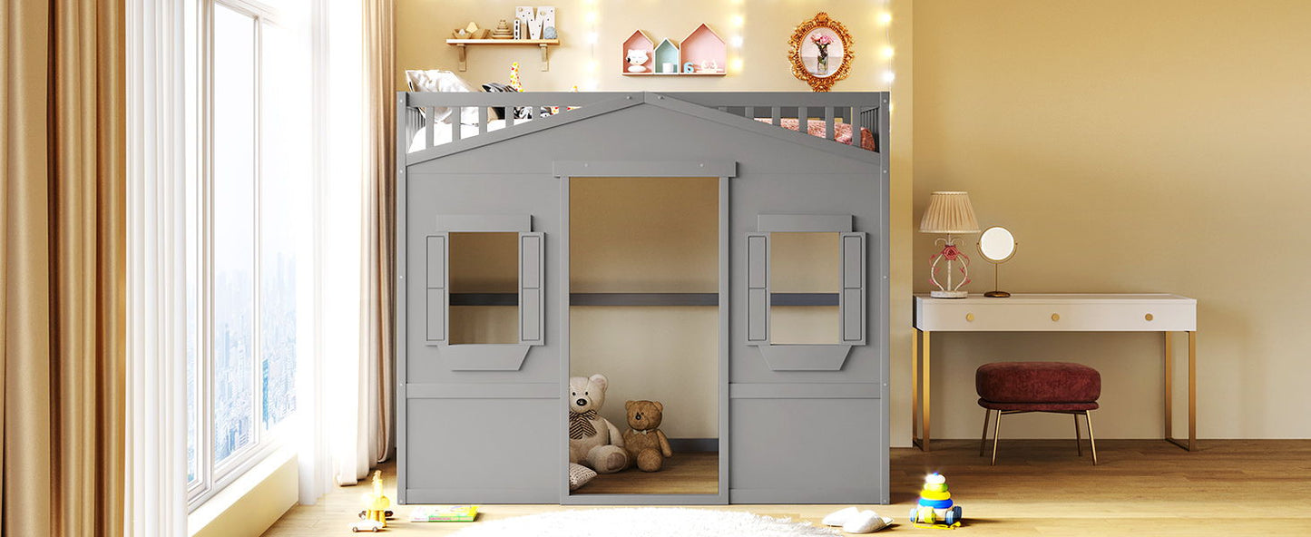 Full Size House Loft Bed With Ladder - Gray