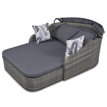 Outdoor Sunbed With Adjustable Canopy, Double Lounge, PE Rattan Daybed Wicker And Cushion - Gray