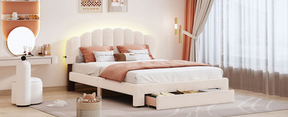 Queen Size Upholstered Platform Bed With Drawer - Beige