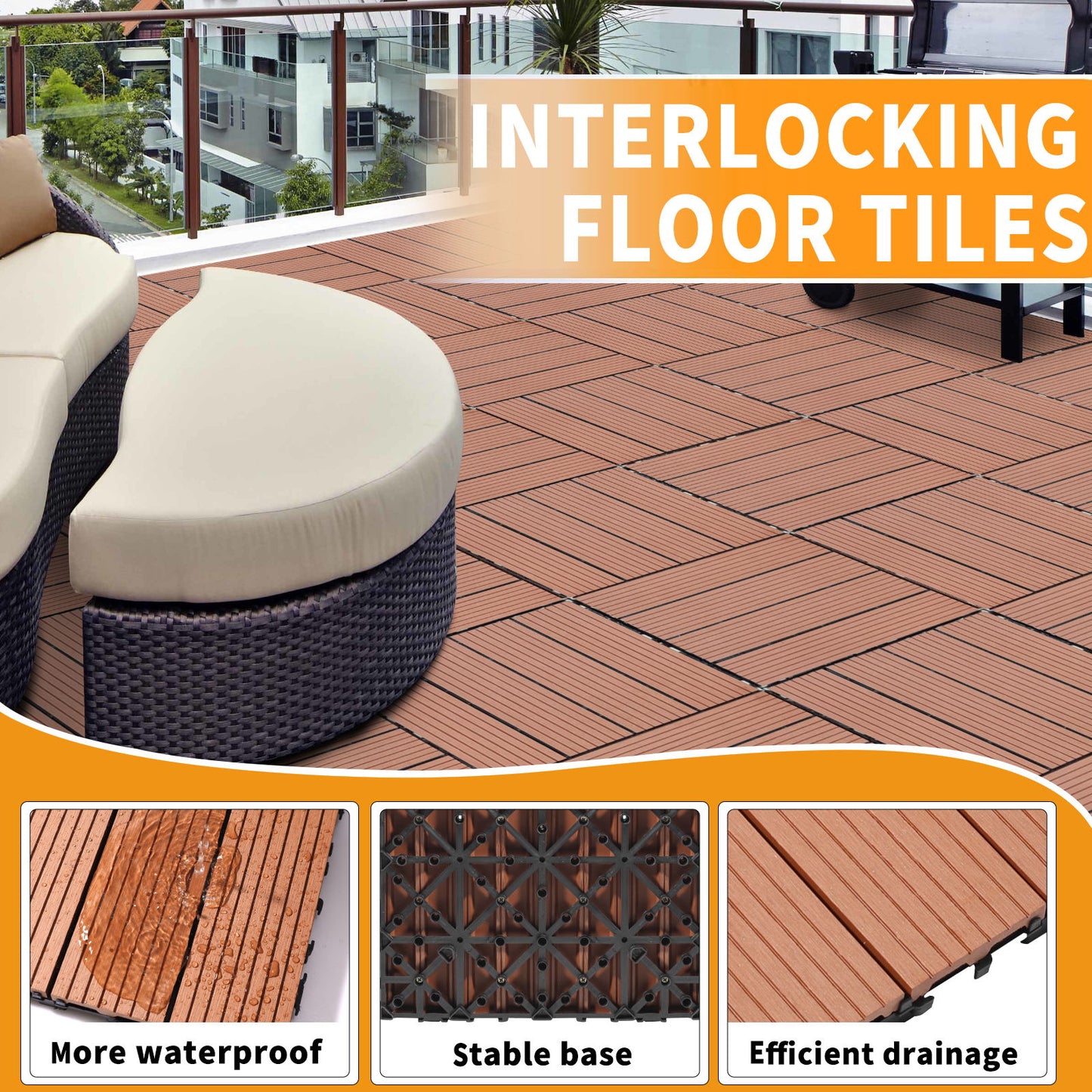 Wood Plastic Composite Deck Tiles (Set of 20), Sustainable Composite Decking Resist Rust, Water, Weather, Easy To Diy & Maintain, Ideal For Patios, Balconies, Rooftops - Mahogany
