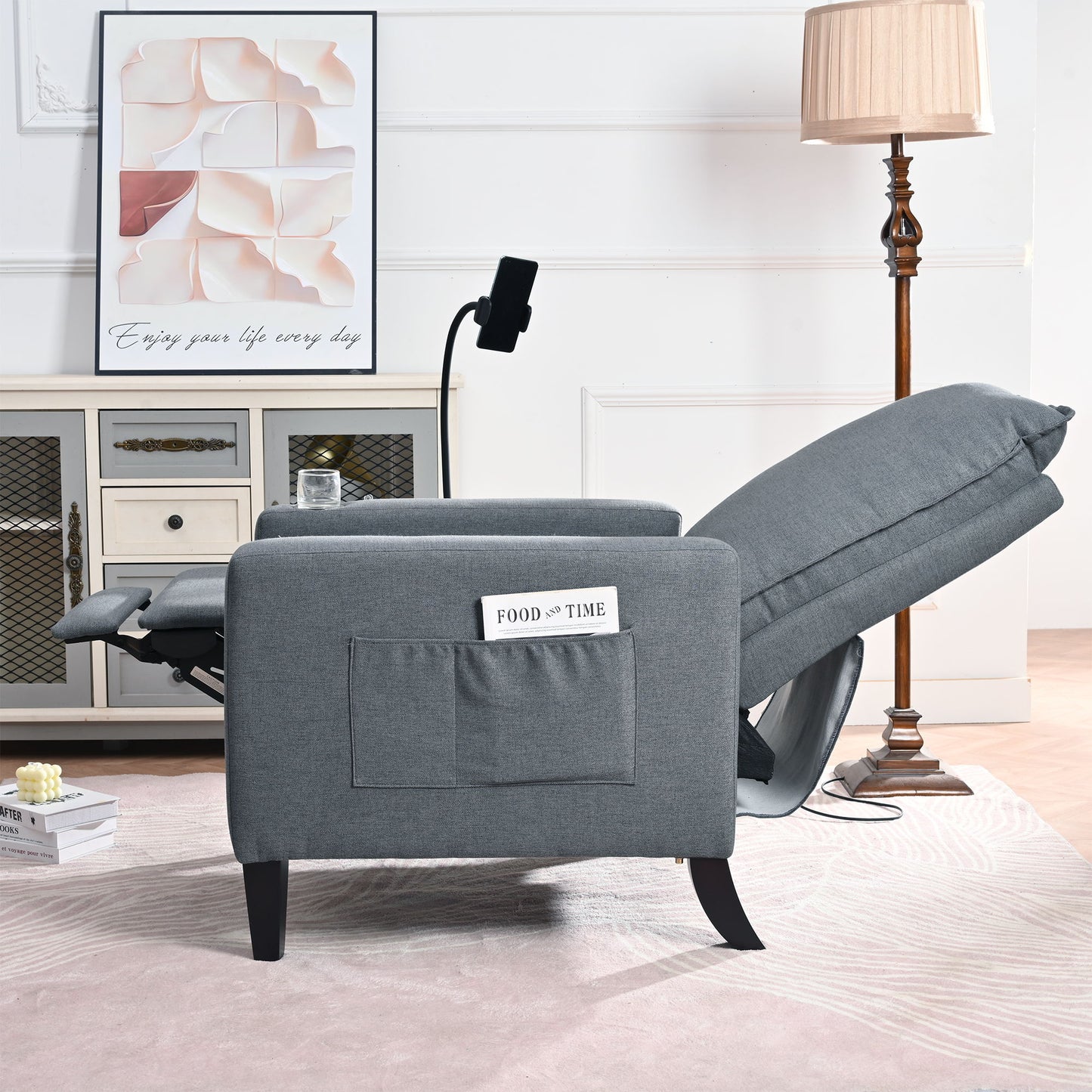 Recliner Chairs For Adults, Adjustable Recliner Sofa With Mobile Phone Holder & Cup Holder, Modern Reclining Chairs Fabric Push Back Recliner Chairs For Living Room, Bedroom - Gray