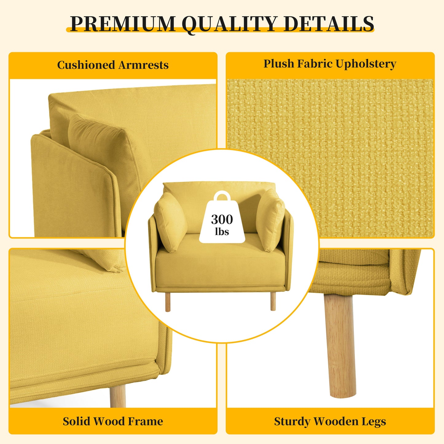 Modern Upholstered Accent Chair With Soft Cushions, Sleek Armrest Design - Yellow