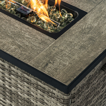 32" Propane Gas Fire Pit Table With Propane Tank Cover, 50000 Btu Rectangular Steel Fire Pit With Beautiful Wicker Base For Outside Garden - Beige