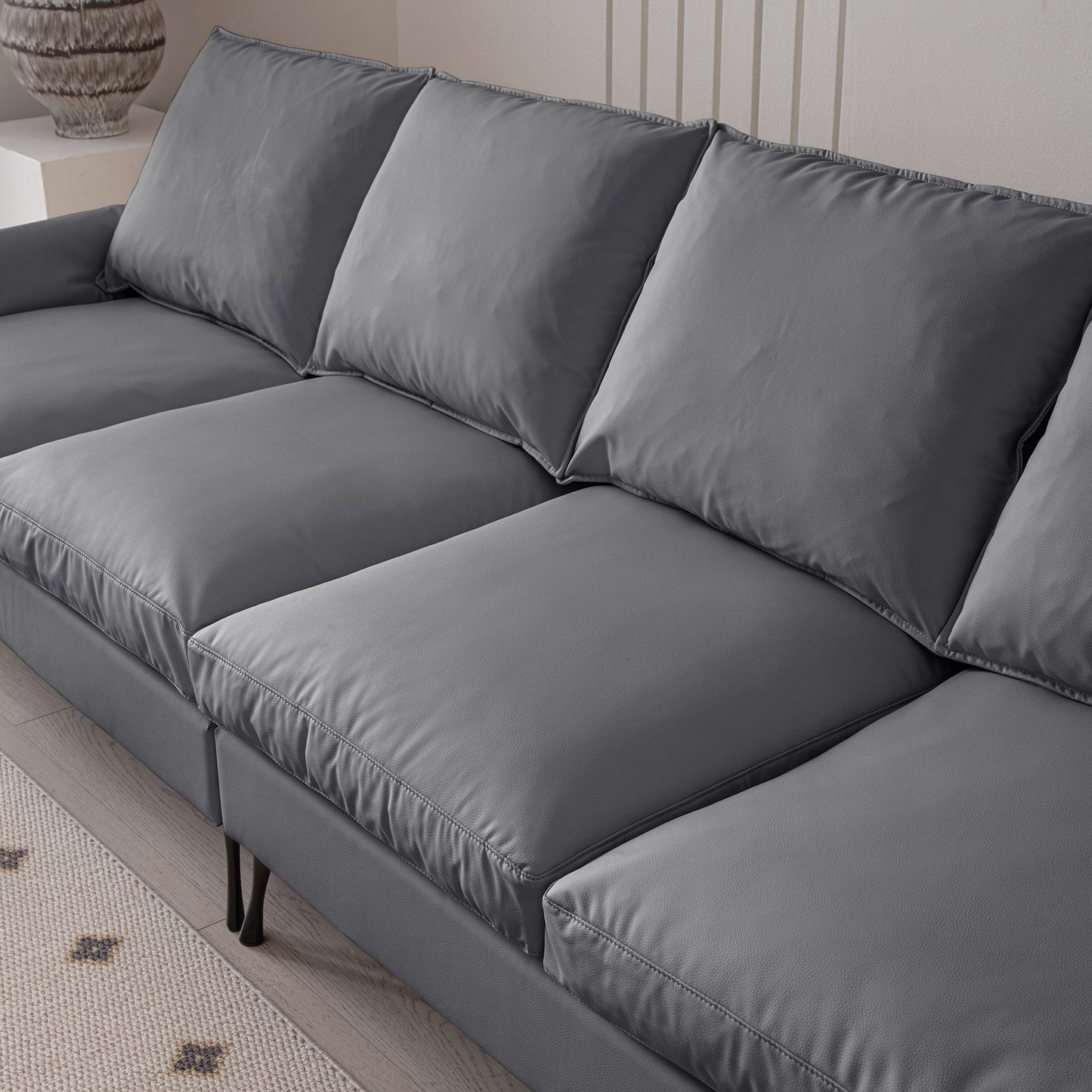 Modern Sectional Technical Leather L-Shaped Sofa Couch With Convertible Ottoman - Dark Gray