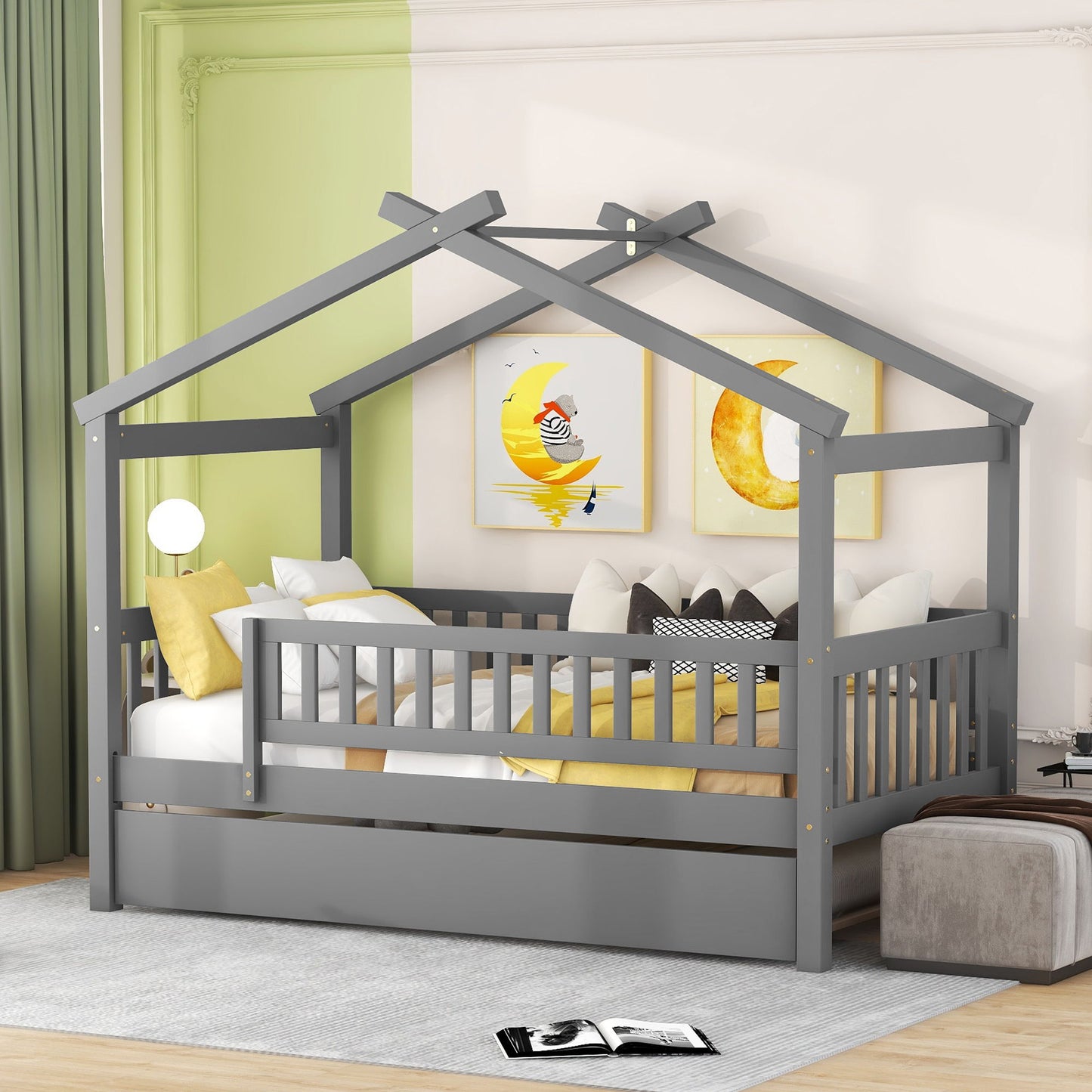 Twin Size House Bed & Twin Size Trundle - Gray