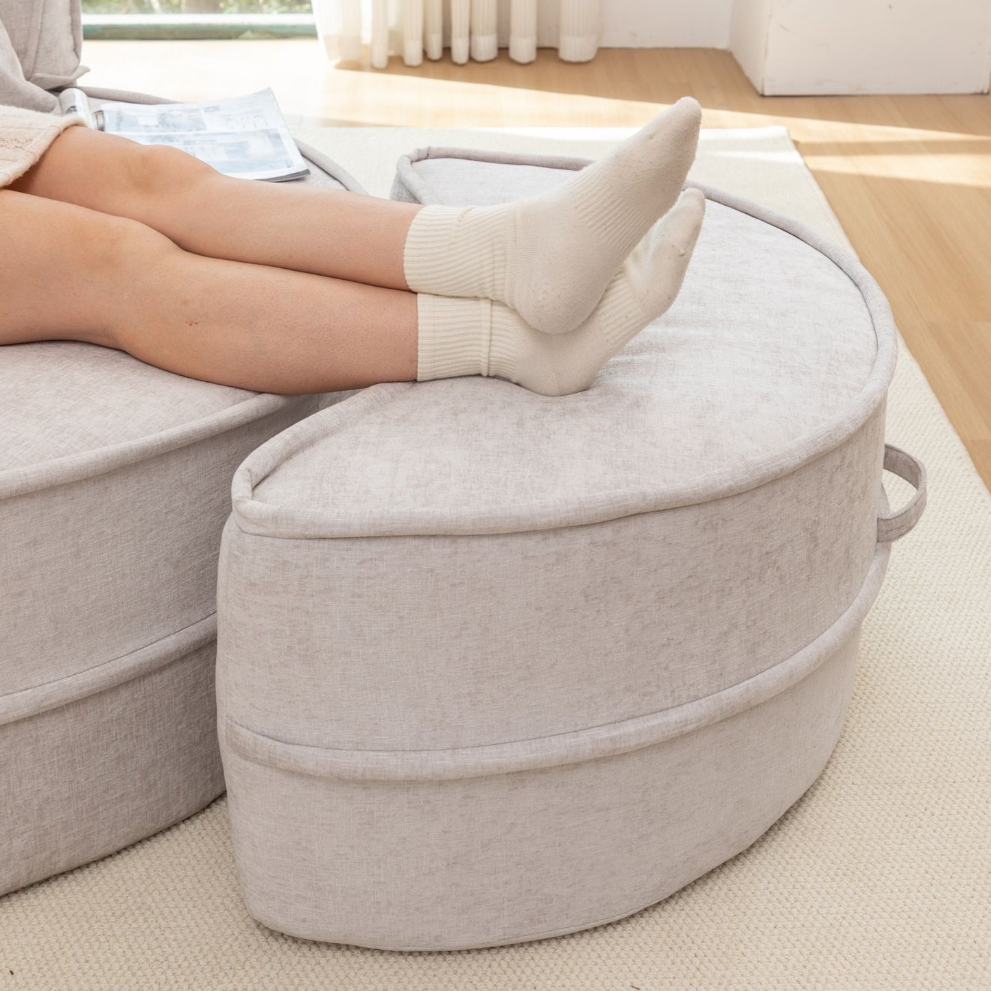 Modern Oversized Round Barrel Accent Chair With Ottoman - Velvet Upholstered Lounge Armchair With 5 Pillows For Living Room Or Bedroom - Gray