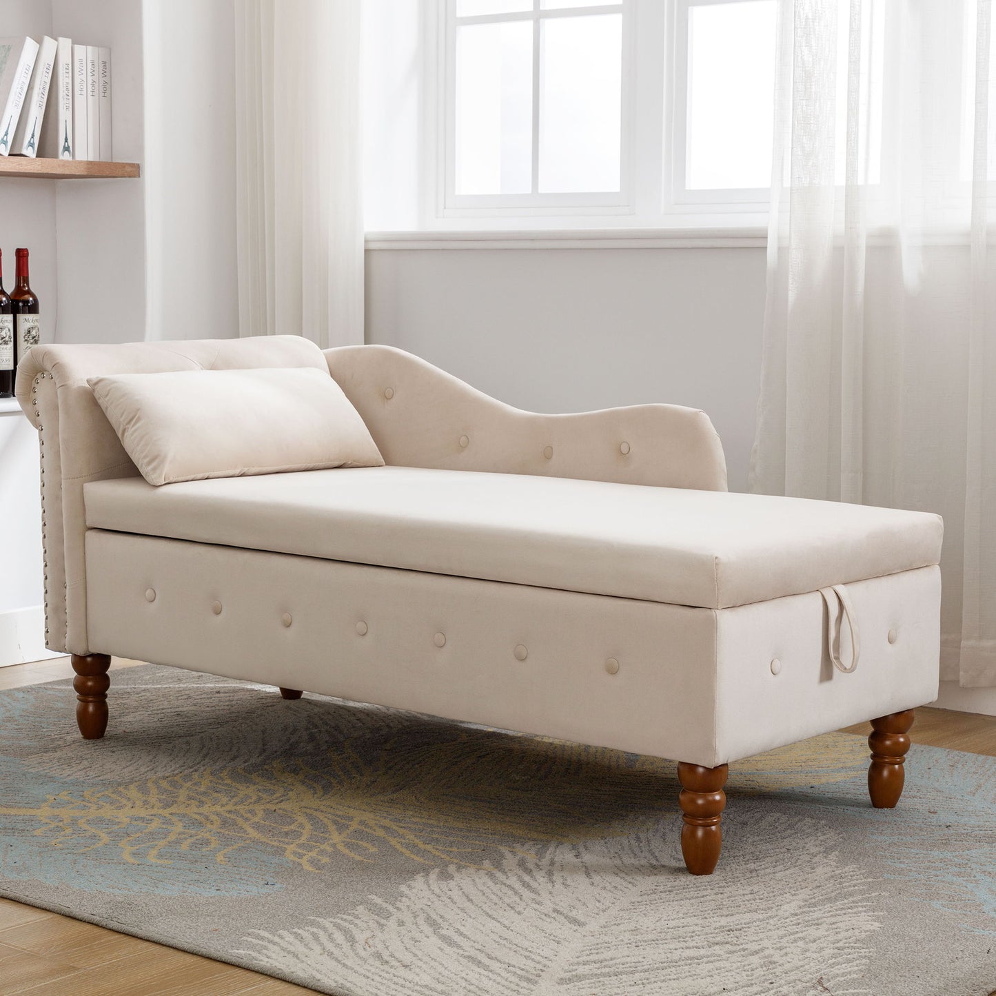 Chaise Lounge Indoor, Velvet Lounge Chair For Bedroom With Storage & Pillow, Modern Upholstered Rolled Arm Chase Lounge For Sleeping With Nailhead Trim For Living Room Bedroom Office - Beige