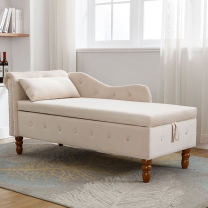 Chaise Lounge Indoor, Velvet Lounge Chair For Bedroom With Storage & Pillow, Modern Upholstered Rolled Arm Chase Lounge For Sleeping With Nailhead Trim For Living Room Bedroom Office - Beige