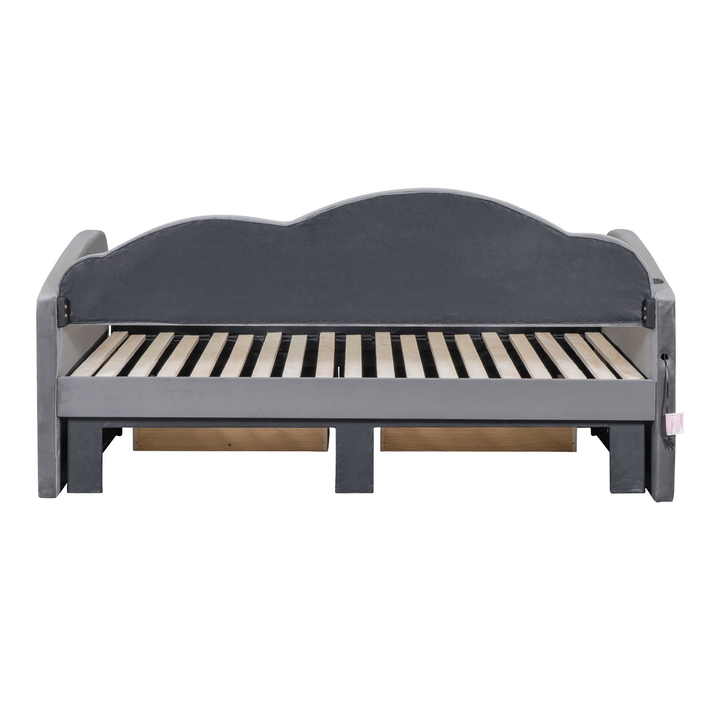 Twin Size Upholstered Daybed With Cloud-Shaped Backrest, Trundle & 2 Drawers And USB Ports - Gray