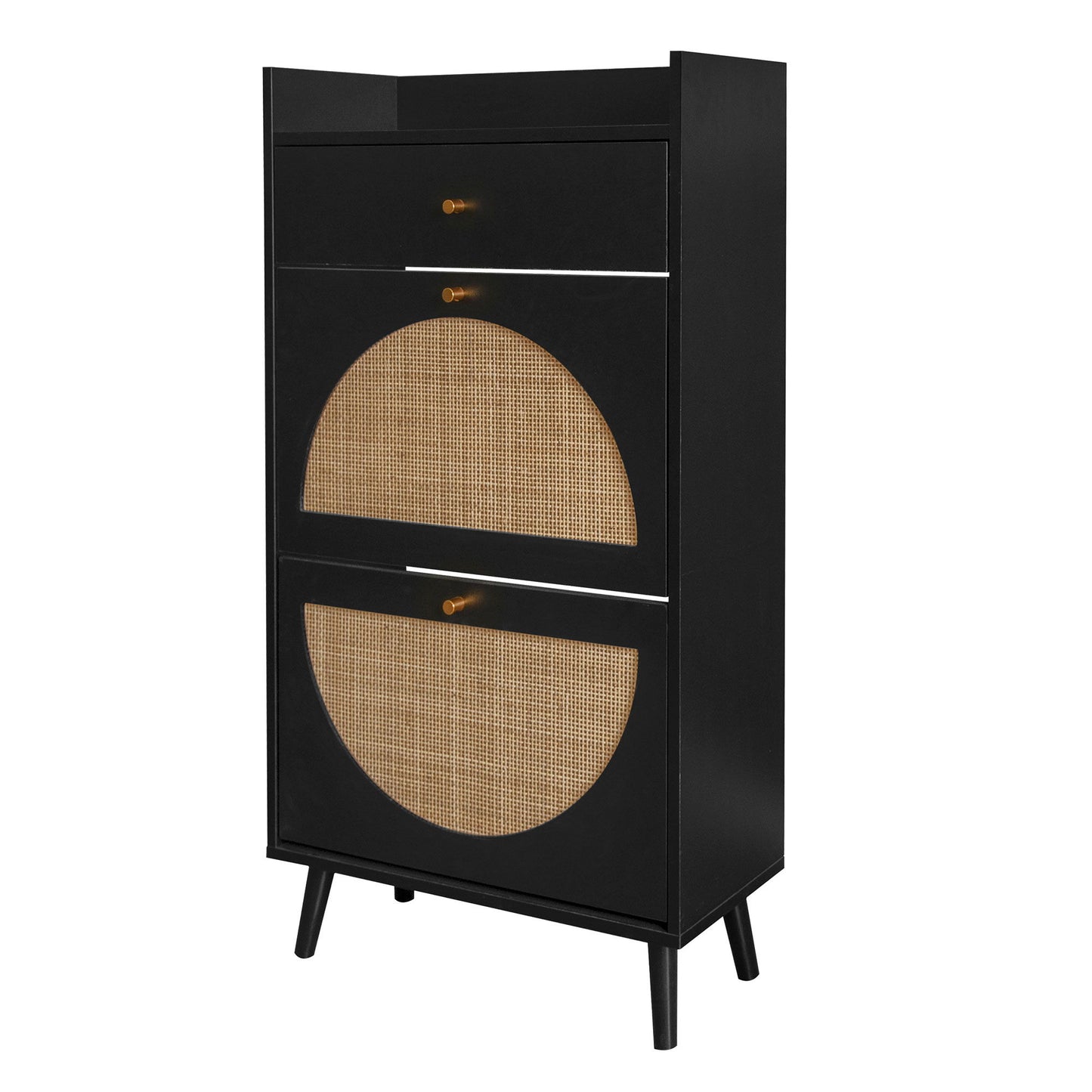 Allen - Rattan 2 Door 1 Drawer Cabinet Shoe Rack For Entrance, Double Layer - Black