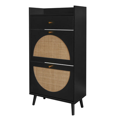 Allen - Rattan 2 Door 1 Drawer Cabinet Shoe Rack For Entrance, Double Layer - Black