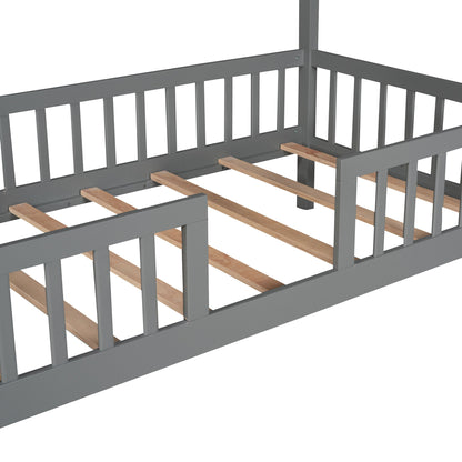 Twin Size House Bed With Fence - Gray