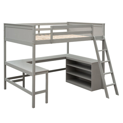Full Size Loft Bed With Shelves With Desk - Gray