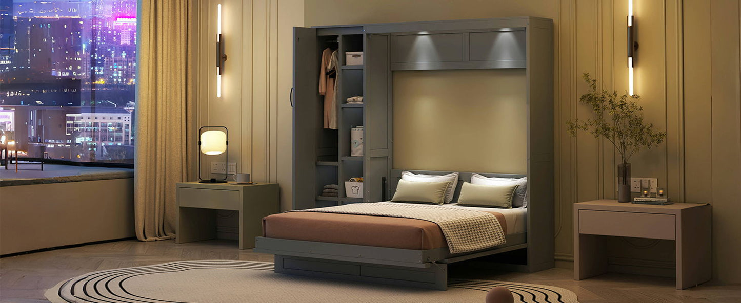 Full Size Murphy Wall Bed With Shelves, Wardrobe And LED Lights - Gray