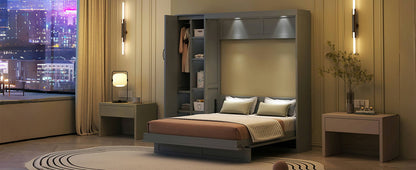 Full Size Murphy Wall Bed With Shelves, Wardrobe And LED Lights - Gray